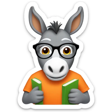 Make me a set of donkey memoji for an educational project. cute gray donkey, with round glasses, wearing an orange t-shirt, holding a book on his hand. it is important that it be in memoji style sticker
