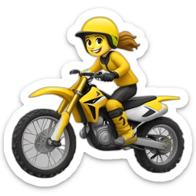 Un garçon qui conduit une motocross jaune avec une fille derrière sticker