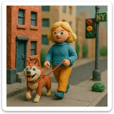 Cute Blonde woman wearing a sweater walking a happy red-brown blue-eyed Siberian husky in New York City on an upper east side city sidewalk  sticker
