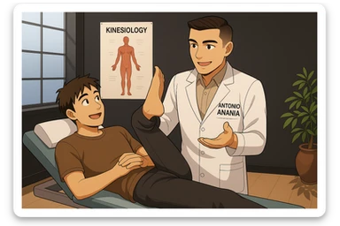 su questo lettino rappresenta un webtoon manga a colori con questo stile, in cui un uomo è steso sul lettino medico e il kinesiologo con il camice bianco (fagli anche la scritta "ANTONIO ANANIA" SUL CAMICE, gli solleva una gamba per fargli il test neuromuscolare, IL KINESIOLOGO SPIEGA ALL'UOMO UNA cosa mentre gli alza la gamba. l'espressione dell'uomo è felice e soddisfatta, non fare i fumetti però, fai solo in modo che sembri stiano parlando sticker