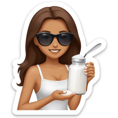 Tan woman with long brown hair and dark sunglasses. She is holding a salt shaker full of white table salt. She is shaking the salt out of the salt shaker with a smirking expression sticker