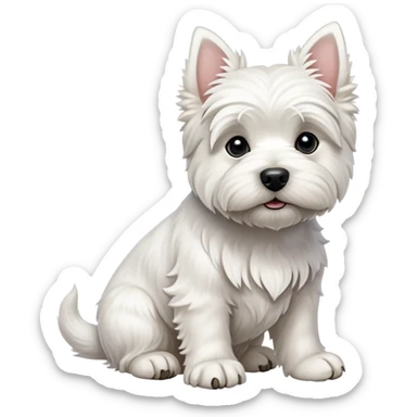 cinematic-[west highland white terrier]-realistic-full-body-sitting-emoji,-tail-resting-loosely-beside-its-paws,-head-tilted-dramatically, dooped ears -wavy-[white-fur,-simplified-yet-realistic-focused-features,-highly-detailed,-glowing-with-an-almost-sarcastic-glow sticker