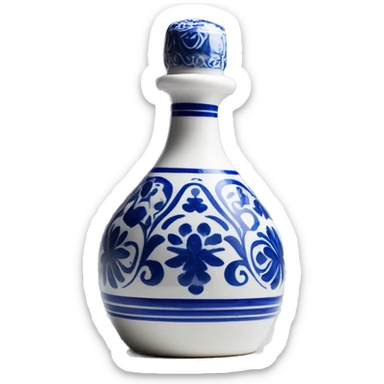 The Clase Azul Tequila bottle is tall and hourglass-shaped, with a wide base that tapers towards the neck. Its white ceramic body is decorated with cobalt blue floral designs, and it’s topped with a gray, bell-shaped stopper that curves inward. sticker