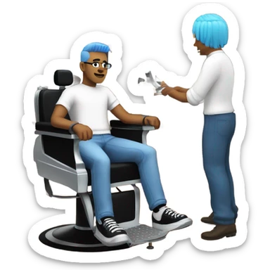 a guy with blue hair and a black head band getting a haircut  sticker