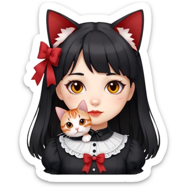 girl wearing black Lolita style dress, with medium-length black hair with red tips, and an American Shorthair tabby cat sticker