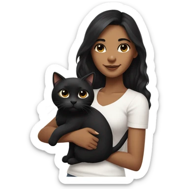 Young woman with medium brown skin, long black hair, a small dimple on her chin, a sweet closed-mouth smile, and large downturned black eyes. She holds a cute black cat and looks adorable. sticker