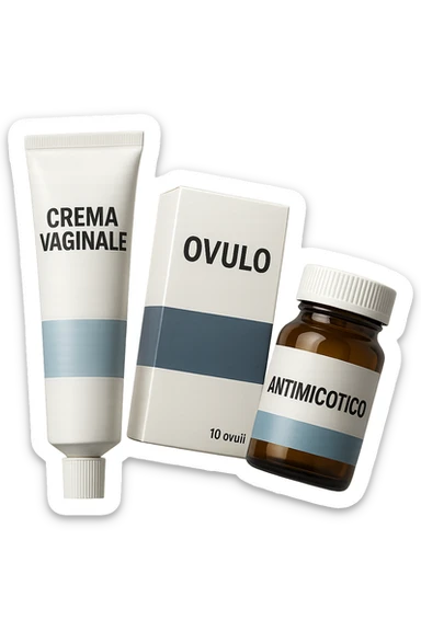 un tubetto di crema con la scritta "crema va**ale", una scatola con farmaco con la scritta "ovulo", un barattolo di farmaco con la scritta "antimicotico" in italiano sulle etichette, fluttuano in aria, IPERREALISTICO 4K sticker