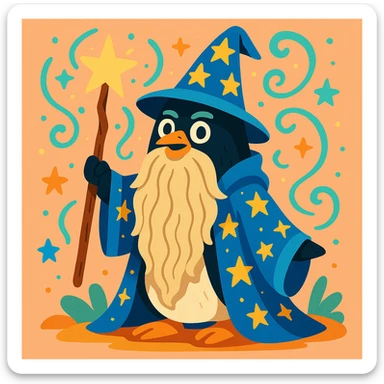 a penguin wizard with a long beard, starry cloak, and magical aura, in a whimsical fantasy style sticker