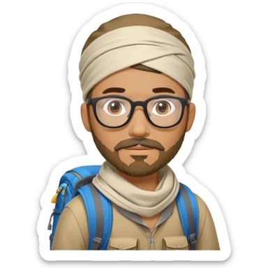 adventurer with goatee beard (no beard on cheeks), short hair, glasses, bandana on head and backpack sticker