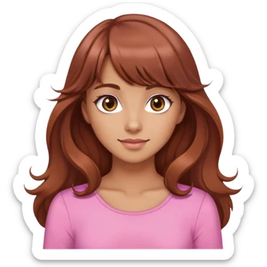cute woman, tan skin, big brown eyes, long wavy auburn hair, bangs, pink top sticker