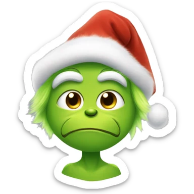 Soft cuddly grinch like character with fuzzy costume and Santa hat sticker