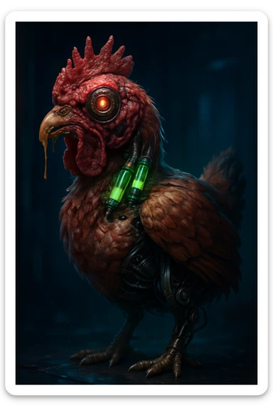 hyperrealistic mutant chicken emoji with red fleshy head and visible veins, one large cyborg eye, deformed beak oozing slime, body part feathered and part exposed mechanical parts, glowing green hormone vials in neck, dark neon sci-fi vibe sticker