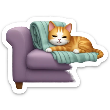 cat laying on a cozy couch with blankets sticker
