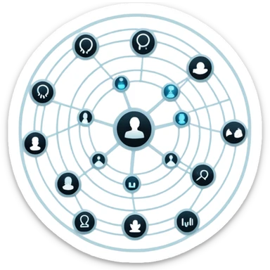 Interconnected circles with minimalist silhouette icons, linked by glowing lines in a web pattern over a neutral digital background sticker