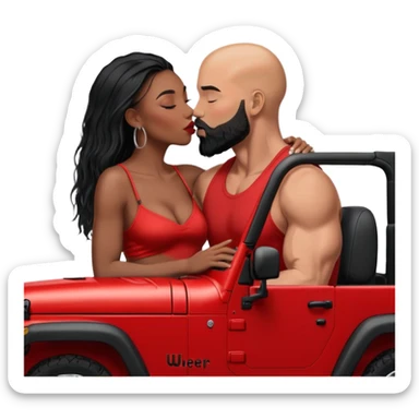intimate moment between lovers, JetSetFly , photo Realistic Couple, black women with long black balayage hair & kissing bald white muscular man with ginger Beard  in a red Jeep Wrangler  sticker