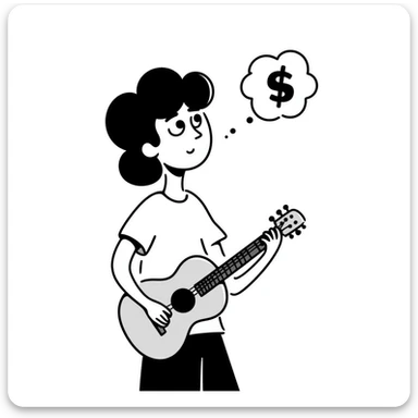 Close-up of a musician's face and torso, holding a guitar, looking up at the sky with a sad and worried expression, with a small thought cloud above showing something causing concern sticker