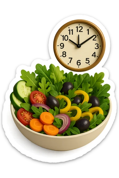 bowl con insalatona e orologio che le fluttua dietro che simboleggia una cena fatta in ritardo in 3d sticker