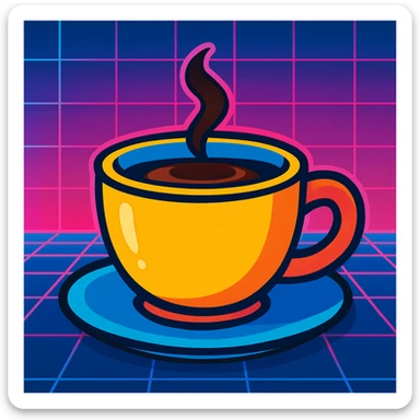 coffee cup with synthwave grid background, neon pink and blue, retro futuristic look sticker