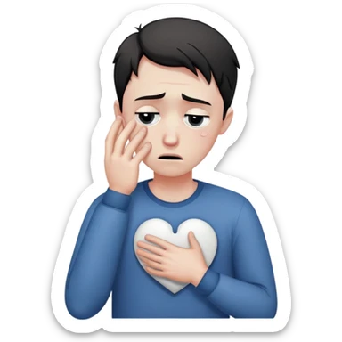 man with anxious attachment style with tears in eyes looking devastated, large broken heart symbol next to him, slumped posture showing emotional pain, hands reaching out desperately despite rejection sticker