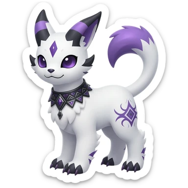 Rare white exotic cute epic aesthetic gothic colorful Salandit-Litten-Furfrou-Sylveon-Civet-species-Fakemon-hybrid-creature, with a collar, and with intricate tribal markings, full body sticker