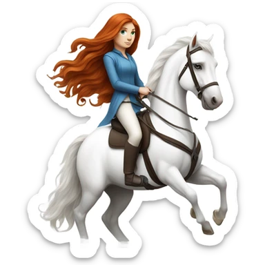 long-haired redhead woman with blue eyes, on a white horse back riding sticker
