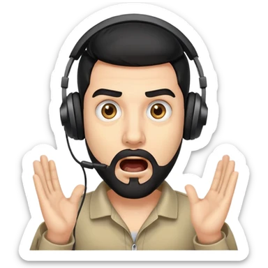 Very shocked man with wide eyes, open mouth, black hair, brown eyes, black beard wearing a gaming headset sticker