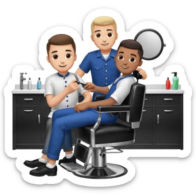 Barber cutting boys hair. Show the boy sat in black barber chair and both having smiles on their faces sticker