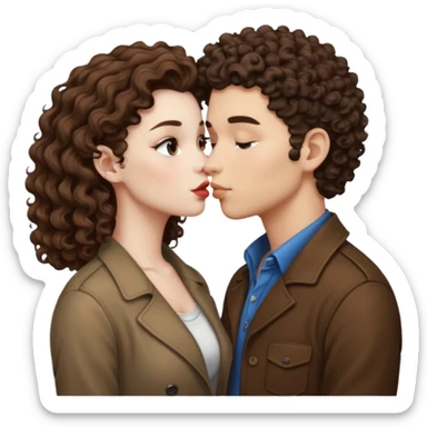 A couple kissing, the man would be white-skinned, mid fade-curly, brown-hair. The serious woman with white skin, brown color sticker
