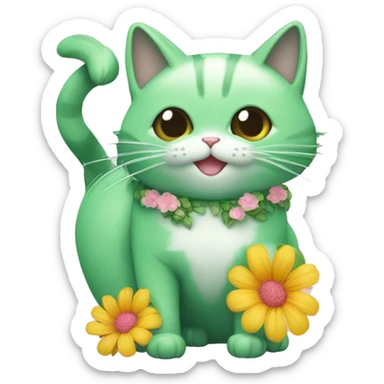 Gatito verde en una pecera con agua azul, un lacito rosa y flores dentro de la pecera ￼ sticker