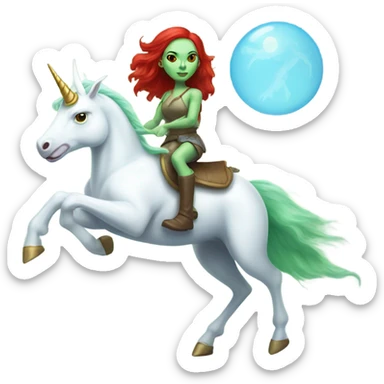 [politically incorrect
	{ woman: alien, color: light green, hair:red, eyes:cat} ]
	on a 
	[{ unicorn: white, legged:four, mane: light blue }] sticker