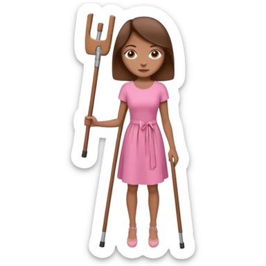 A woman with crutches , a pink dress brown hair and brown eyes sticker