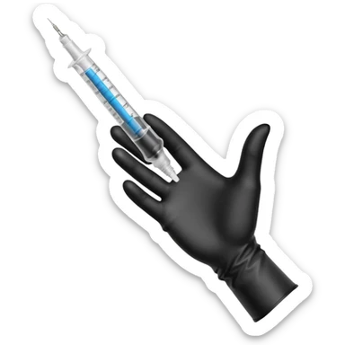 mano con guante medico de color negro sosteniendo una jeringa no tan grande y que solo se vea la mano hasta la muñeca, no el brazo y que el liquido de la jeringa sea transparente sticker