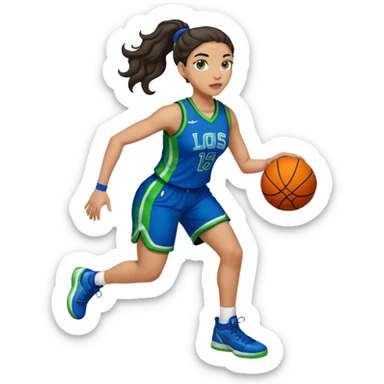 full body plus size light skin latino women basketball player with wavy dark hair in pony tail wide nose wearing blue uniform with green accent sticker