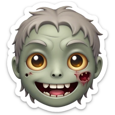Cinematic Cute Zombie Portrait Emoji, with a delightfully quirky, slightly disheveled face in muted ashen hues, featuring quirky bright eyes and a playful, stitched-together smile, simplified yet irresistibly charming, highly detailed with a soft glowing outline that captures the adorable, offbeat spirit of a zombie who’s more cute than creepy! sticker