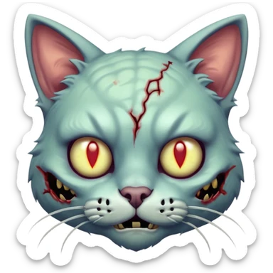 zombie cat portrait, head and shoulders only, pale fur, cracked skin patches, eerie glowing eyes, mischievous undead vibe, 3D cartoon, mobile game icon style, clean background, no text, no watermark
 sticker