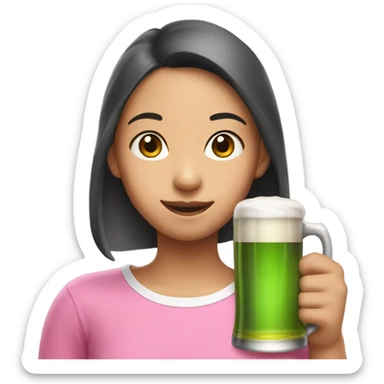 Asian girl in pink T-shirt with elf ears drinks beer sticker