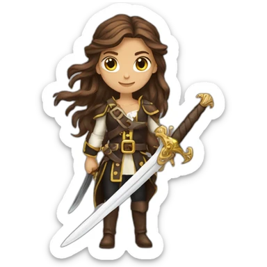 pirate king long brown hair golden eyes tan skin holding a sword woman sticker