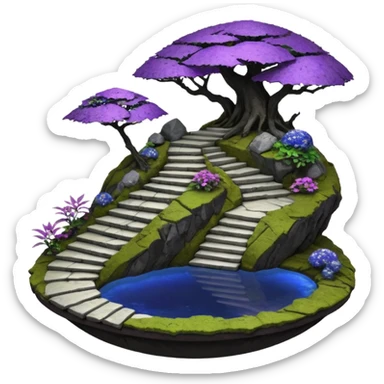 Crashed Alien saucer pool-house jungle winding staircase lakeside mountainside -island getaway haunted nighttime landscape antique mudman very old broken cracked intricate Stone Age lapis-crusted irregular dodecagon-shaped shallow dark moss rough bark violet serissa flowered maple tree bonsai sticker