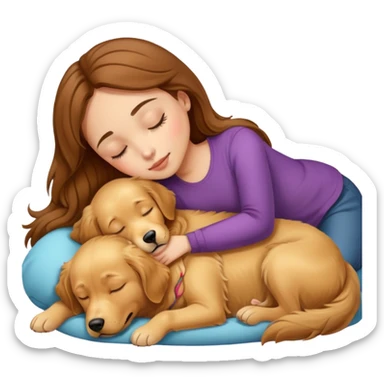 a girl with brown hair, light skin, sleep on a golden retriever dog sticker