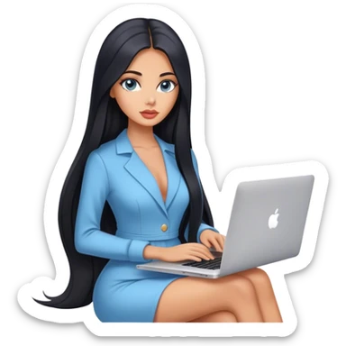 Glamours tanned very beautiful girl with pump peach nude lips and black straight smooth long hair, blue-grey eyes in beautiful clothing with MacBook sticker