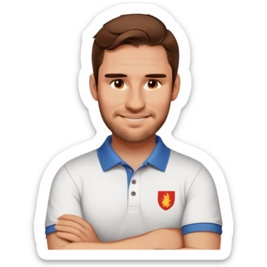 With a grin and folded arms wearing a polo sticker