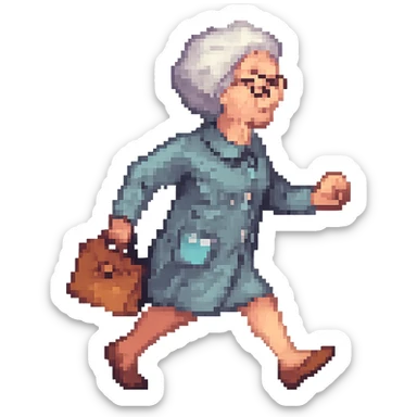 Change the walking pose of the elderly woman with short hair to a brisk walk. Keep the pixel art style look in mind while editing. sticker