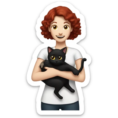 Woman with dark red hair holding a black cat in arms and both are cheering sticker