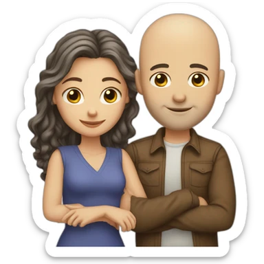 caucasian bald man and a caucasian woman with long curly dark hair hugging sticker