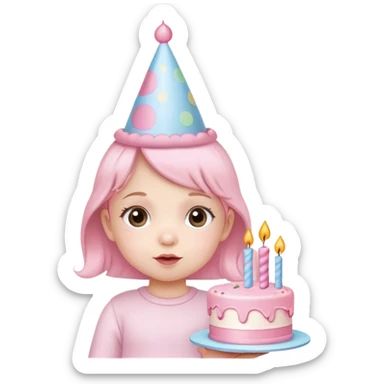 cute baby girl with pastel pink birthday hat and pink birthday cake sticker