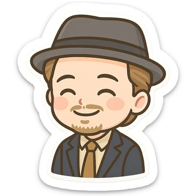 chibi cartoon emoji of Leonardo DiCaprio smiling with a fedora hat, adorable and simple sticker
