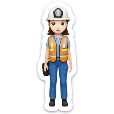 Brunette brown Girl full body standing with her white security helmet and security vest that fits her large on, also with her black backpack. Full body sticker