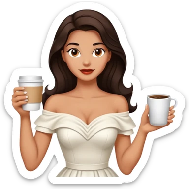 Beautiful woman in 1950’s woman fashion look, off-shoulder white dress, long dark brown hair, coffee sticker