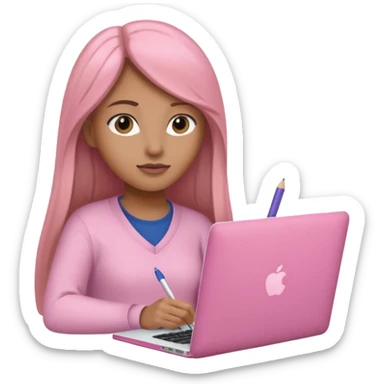 Mujer lacia peli larga y peli larga  en una MacBook rosa investigando y haciendo tareas con un libro de apuntes y con cara muy linda como modelo sticker