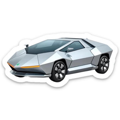 A futuristic chrome car emoji, sharp geometric body design inspired by cybertruck aesthetics, smooth silver metallic surface, matte and glossy chrome mix, minimal details, soft reflections, clean edges, iOS emoji style, centered, clean white background, soft studio lighting, no text sticker